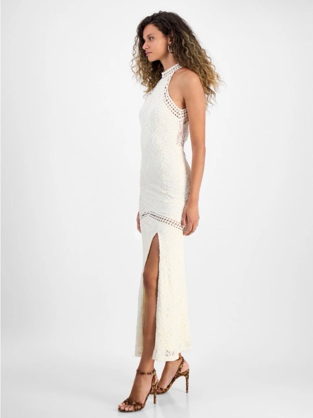 Guess Ivory Halter Lace Maxi Dress with Side Slit - Picture 4 of 13